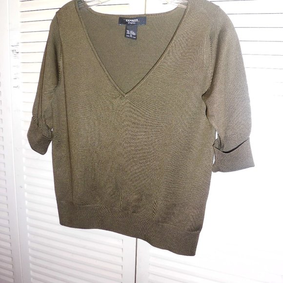 Express Olive Green SILK short Sleeve Sweater top - Picture 2 of 6